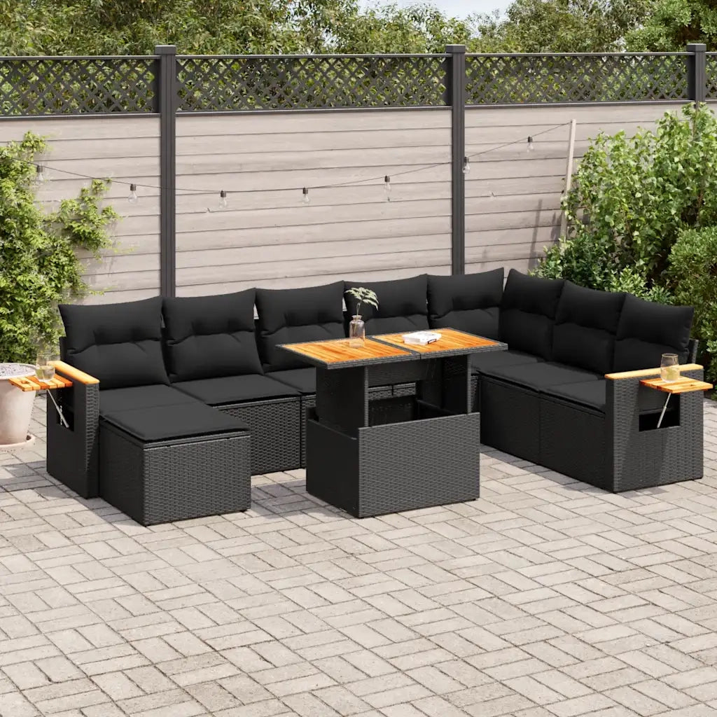 Set Divani da Giardino 9 pz con Cuscini Nero Polyrattan Acacia 3327632