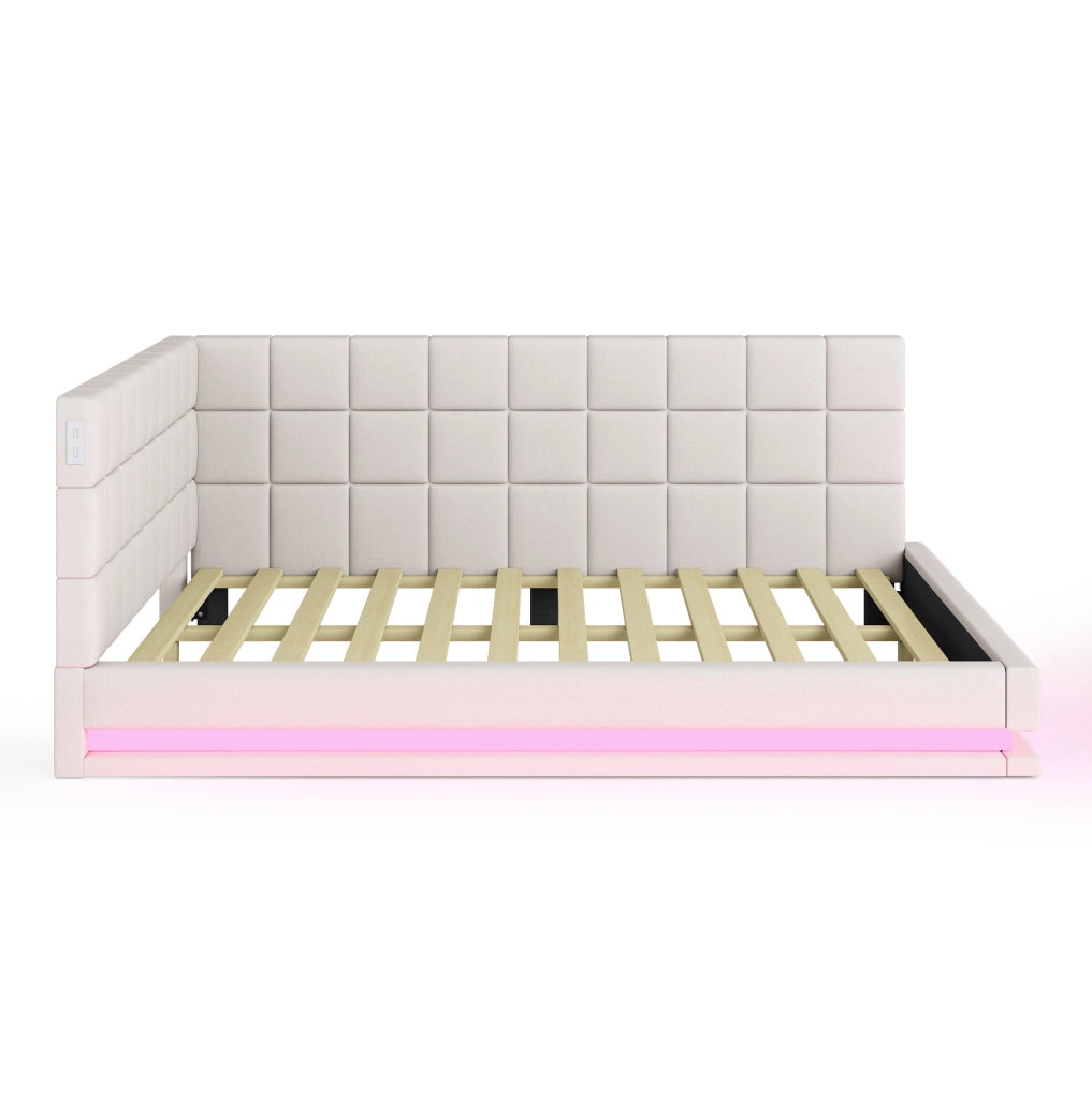 Divano letto 140x200 cm con LED e porta USB; tessuto di lino beige