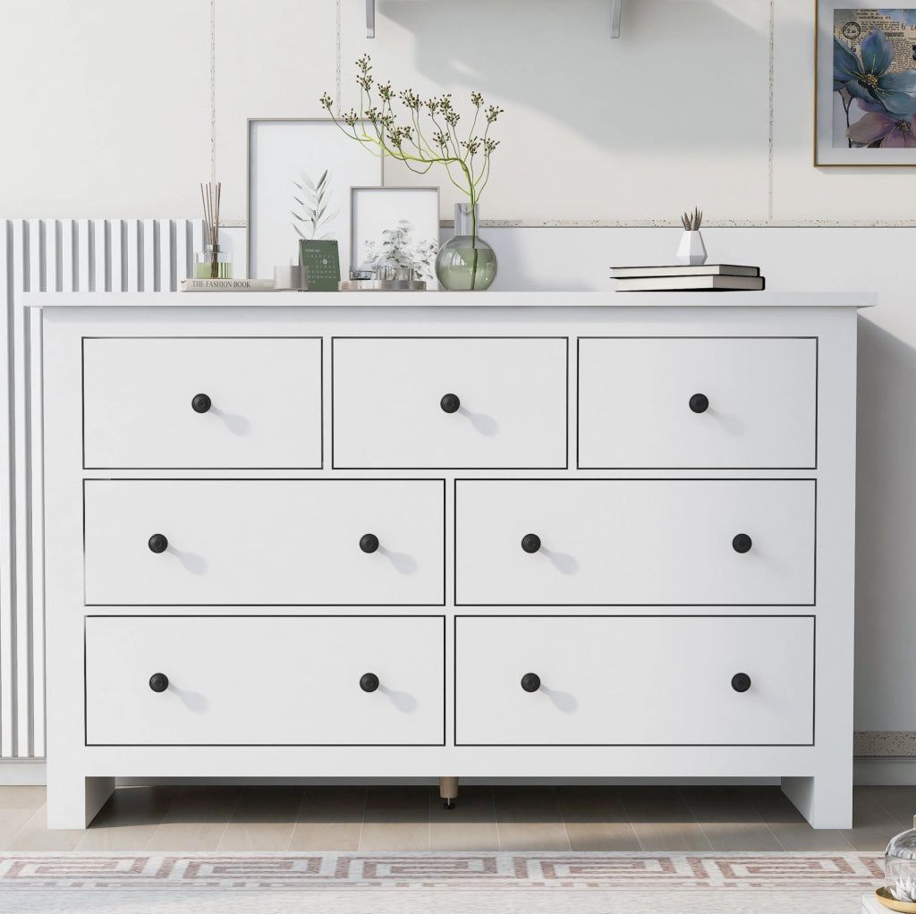 Credenza 152x40x88.5 cm con 7 cassetti e guide scorrevoli; in truciolare bianco