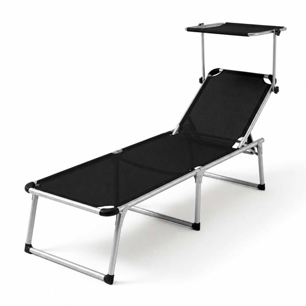 Lettino Pieghevole Prendisole Con Tettuccio Parasole Schienale Reclinabile Regolabile in 6 Posizioni Sedia Sdraio Per Spiaggia Mare Giardino Piscina 187 x 59 x 29 Cm Nero