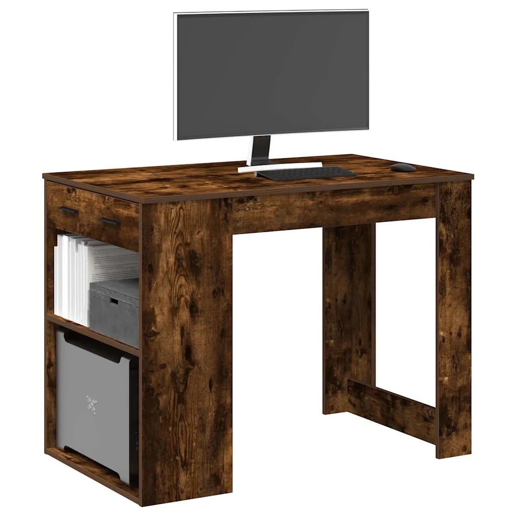Scrivania con Cassetto e Ripiano Rovere Fumo Legno Multistrato 858690