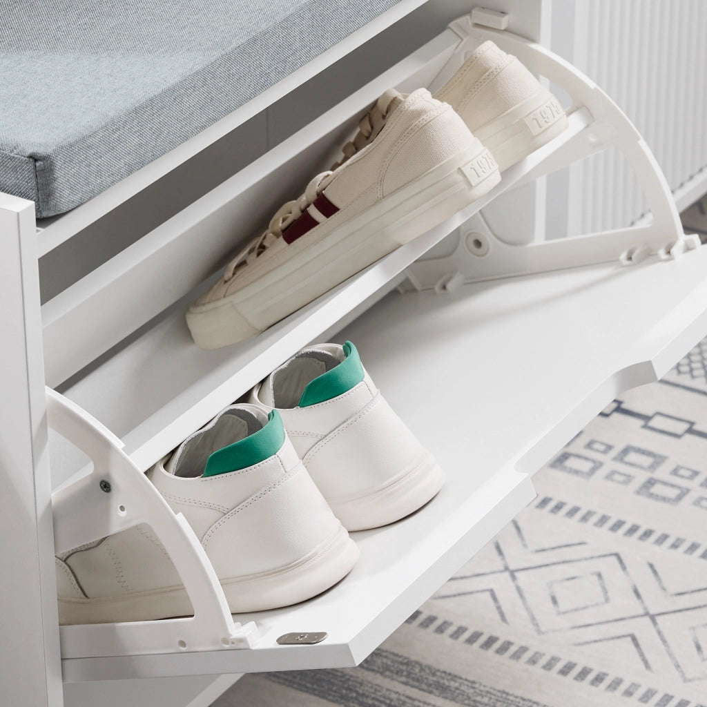 SoBuy Panca Scarpiera da Ingresso - Scarpiera Salvaspazio Slim in Legno, Panca Contenitore con 1 ribalte Scarpiera 2 ripiani, 113kg di Carico, Bianco L60xP24xA52 cm FSR151-K-W