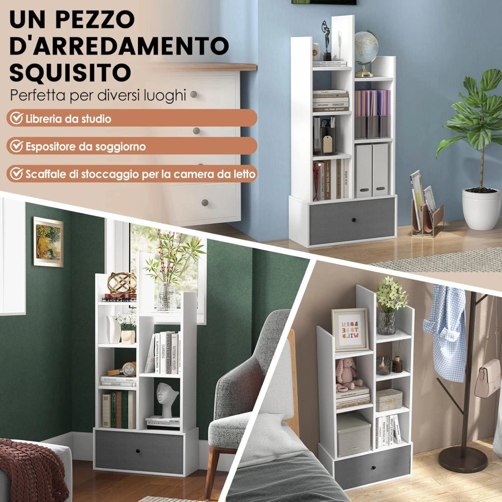 COSTWAY Libreria in Legno a 7 Piani, Scaffale Multifunzionale con 1 Cassetto e 7 Scomparti, Scaffale Espositivo per Soggiorno Studio Ufficio, 53x24x118 cm (Bianco, 1 cassetto)
