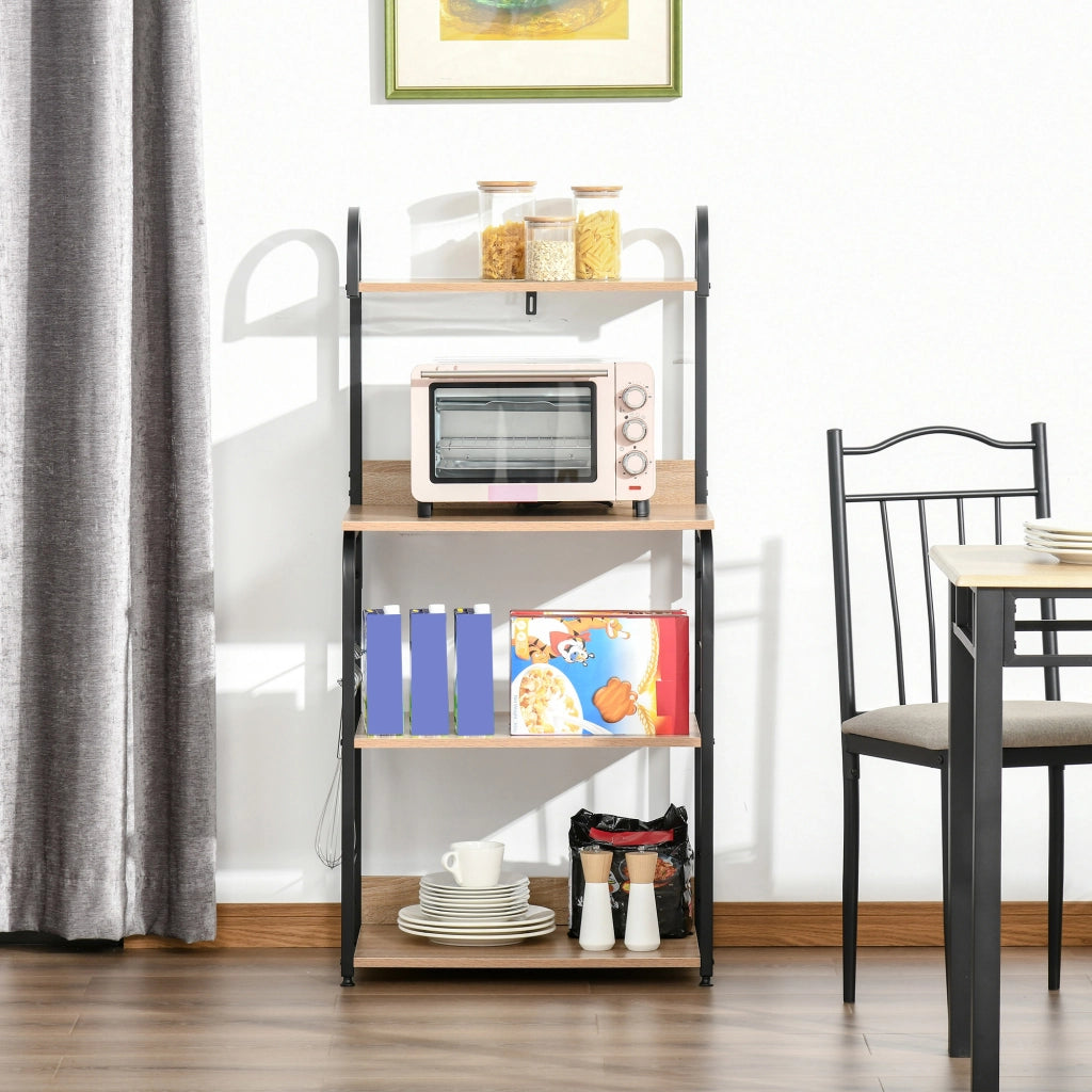 Mobiletto Microonde da Cucina 60x40x125 cm con 4 Ripiani e 4 Ganci in Acciaio e Legno Color Legno