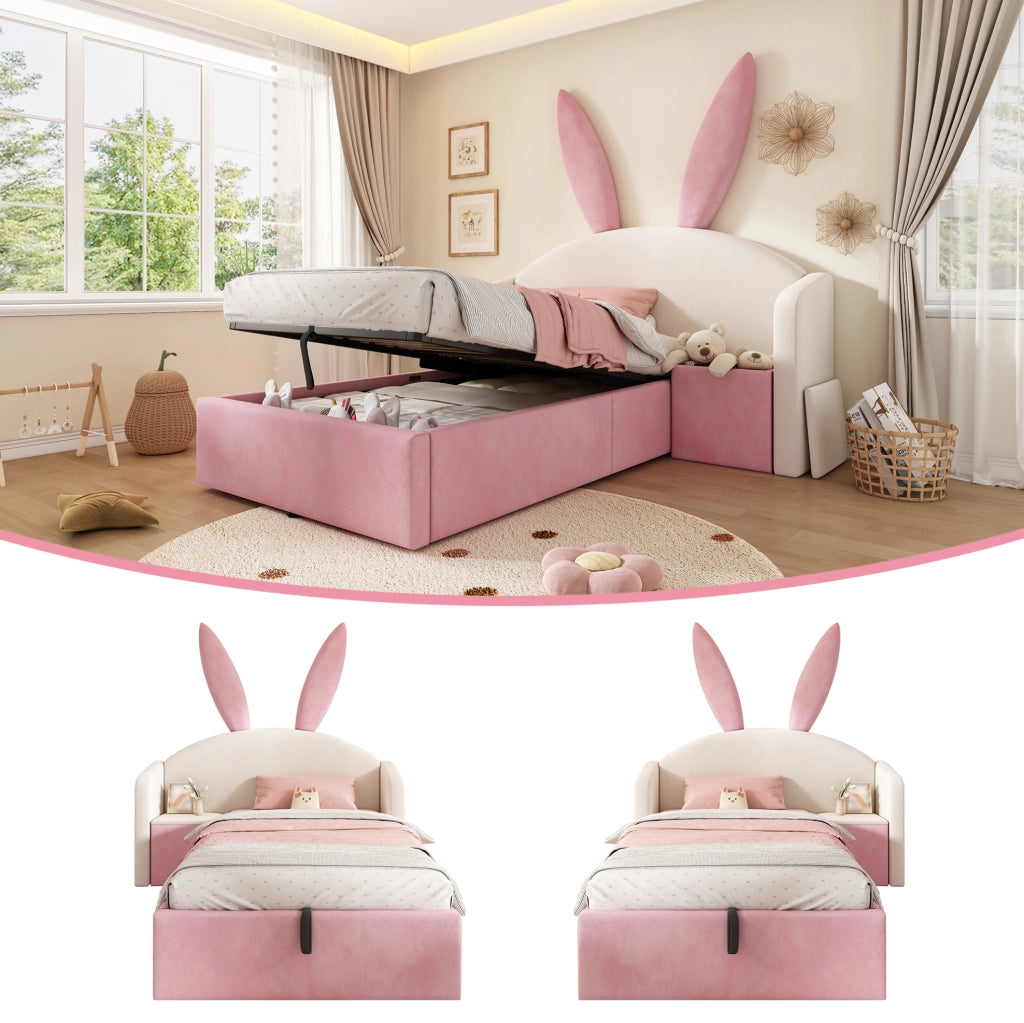 Letto singolo per bambini 90x190 cm in velluto beige e rosa con contenitore idraulico e comodino