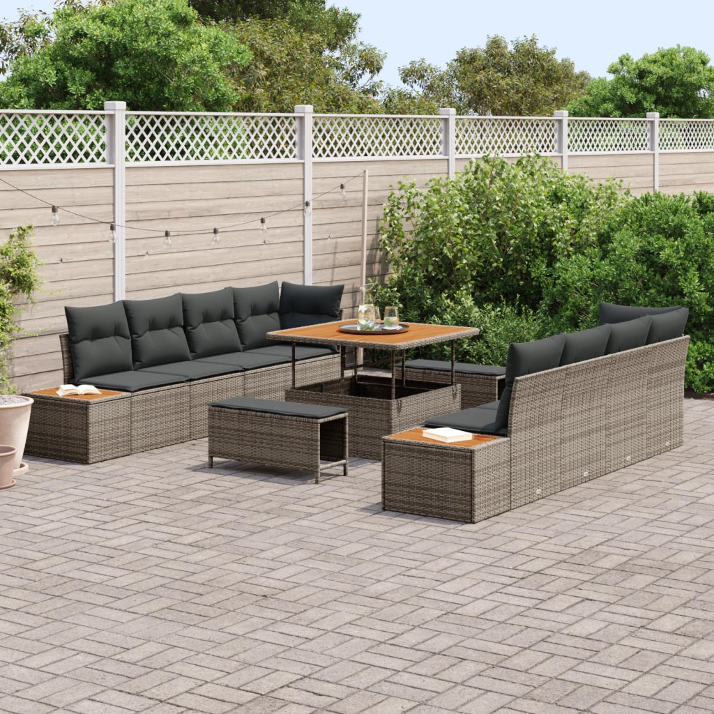 Set di divani da giardino da 11 pezzi con cuscini Grigio Poly Rattan Acacia