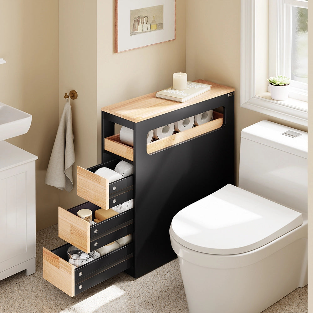 SoBuy | Mobiletto bagno salvaspazio nero con 4 ruote | Mobile bagno con 3 cassetti | Cassettiera bagno con ripiano | 23.3x65.3x82.3 cm | Capacità di carico 40 kg | BZR54-II-SCH