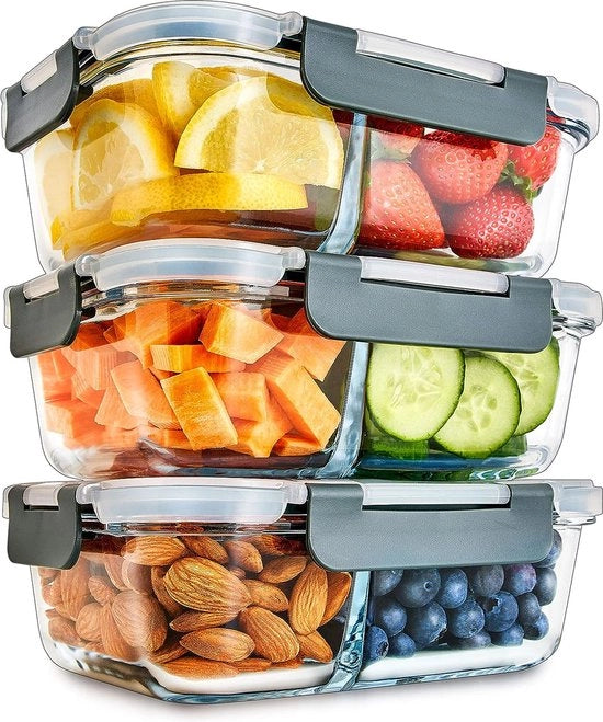 Contenitori per Meal Prep in Vetro con 2 Compartimenti e Coperchi con Chiusura Ermetica - Contenitore per Portata con Controllo della Quantità - BPA Libero