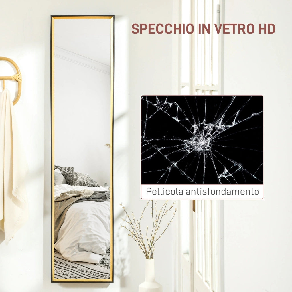 Specchio da Parete o da Terra Autoportante a Figura Intera 37x3x157 cm in Legno Nero e Oro