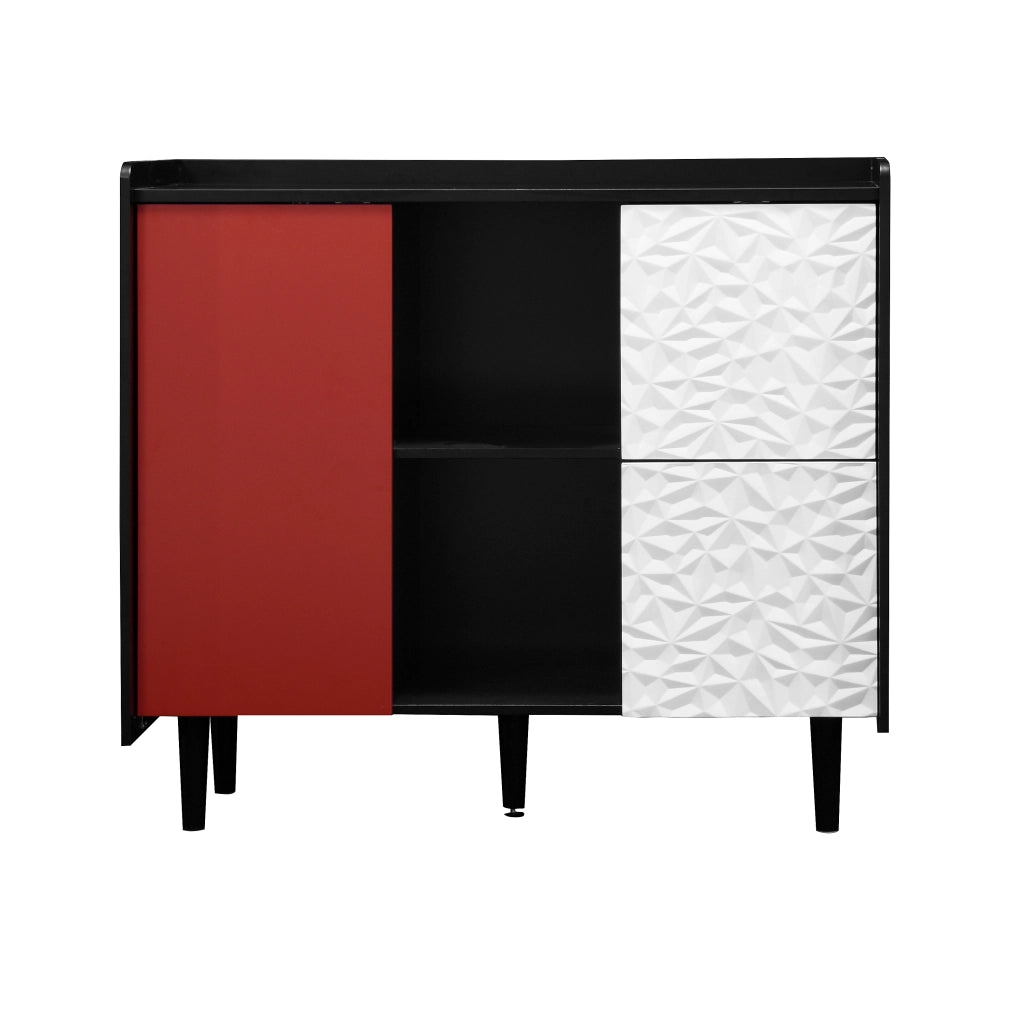Credenza con 2 Cassetti; 2 Vani a Giorno e 2 Ante; Stile Moderno; in MDF; Nero e Rosso; 90??40??80 cm