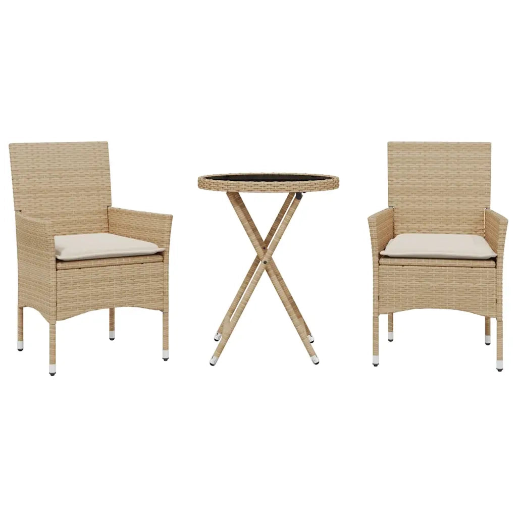 Set da BistrÃ² 3 pz con Cuscini Beige Polyrattan e Vetro