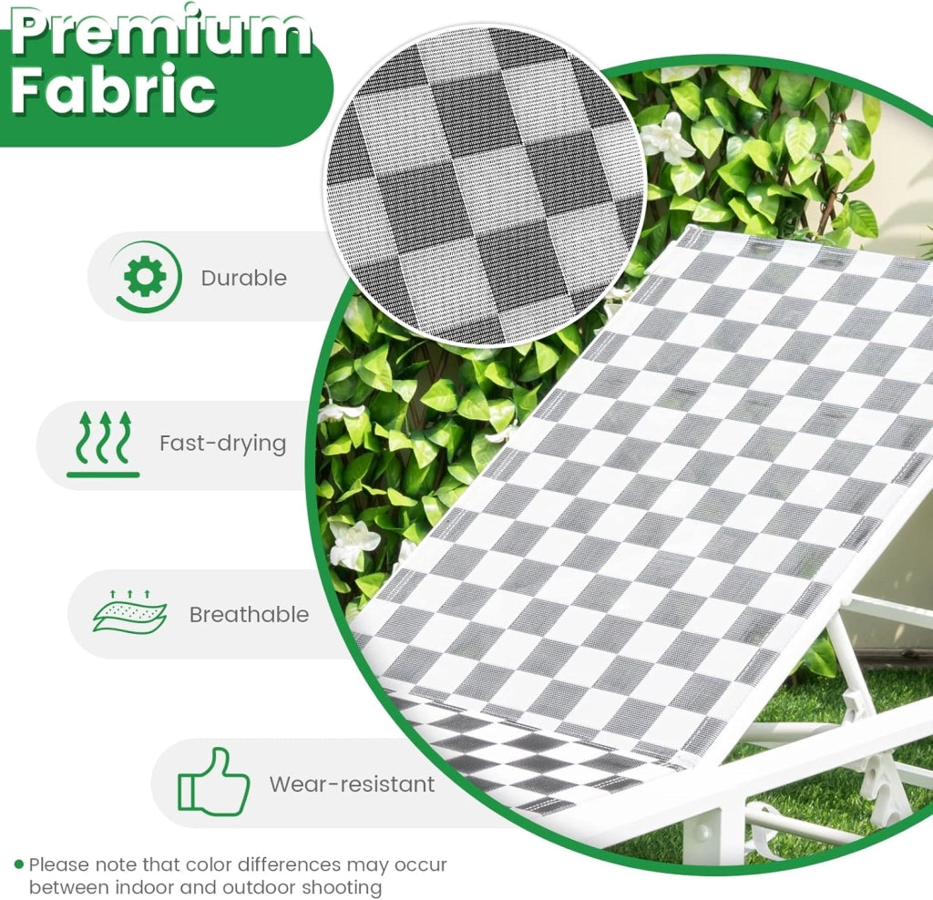 Sedia a sdraio, regolabile in 6 posizioni, con struttura in metallo e ruote, sedia da giardino portatile per spiaggia, giardino e piscina, lettino da esterno, 200 x 68 x 32 cm, portata fino a