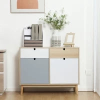 Mobiletto Multiuso Stile Nordico, Armadietto Due Ante con Cassetti per Cucina e Ingresso, 100x40x79.5cm, Multicolore