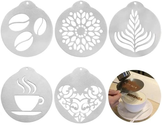 5 stencil con tema caffè per uso con zucchierie, forme di caffè e decorazioni di biscotti; forme riciclabili di cappuccino cioccolato.