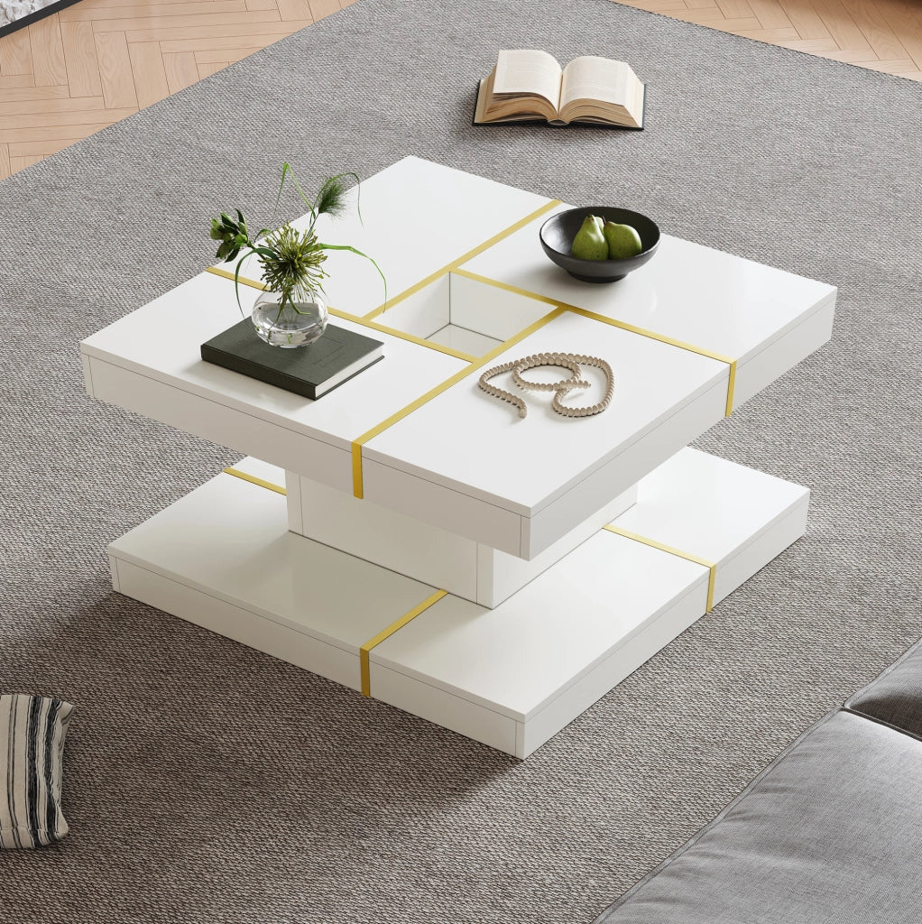 Tavolino da caffè quadrato a 2 livelli 80x80x38 cm in pannello truciolare bianco