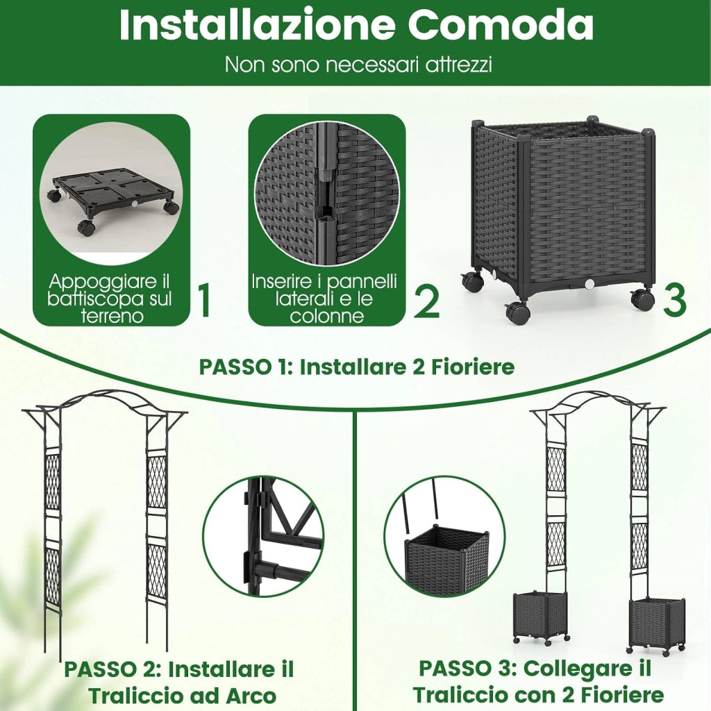 Arco da Giardino con 2 Fioriere Auto-irriganti e Ruote, Supporto per Piante in Metallo Rivestita PE Antiruggine, Grande Arco per Viti e Rose da Matrimonio all'Aperto (Grigio)