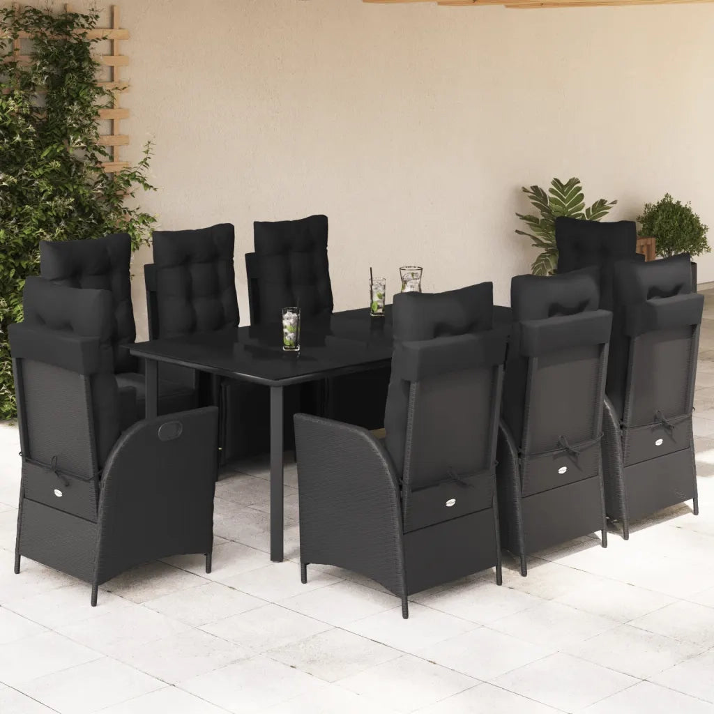 Set da Pranzo da Giardino 9 pz con Cuscini Nero in Polyrattan 3213405