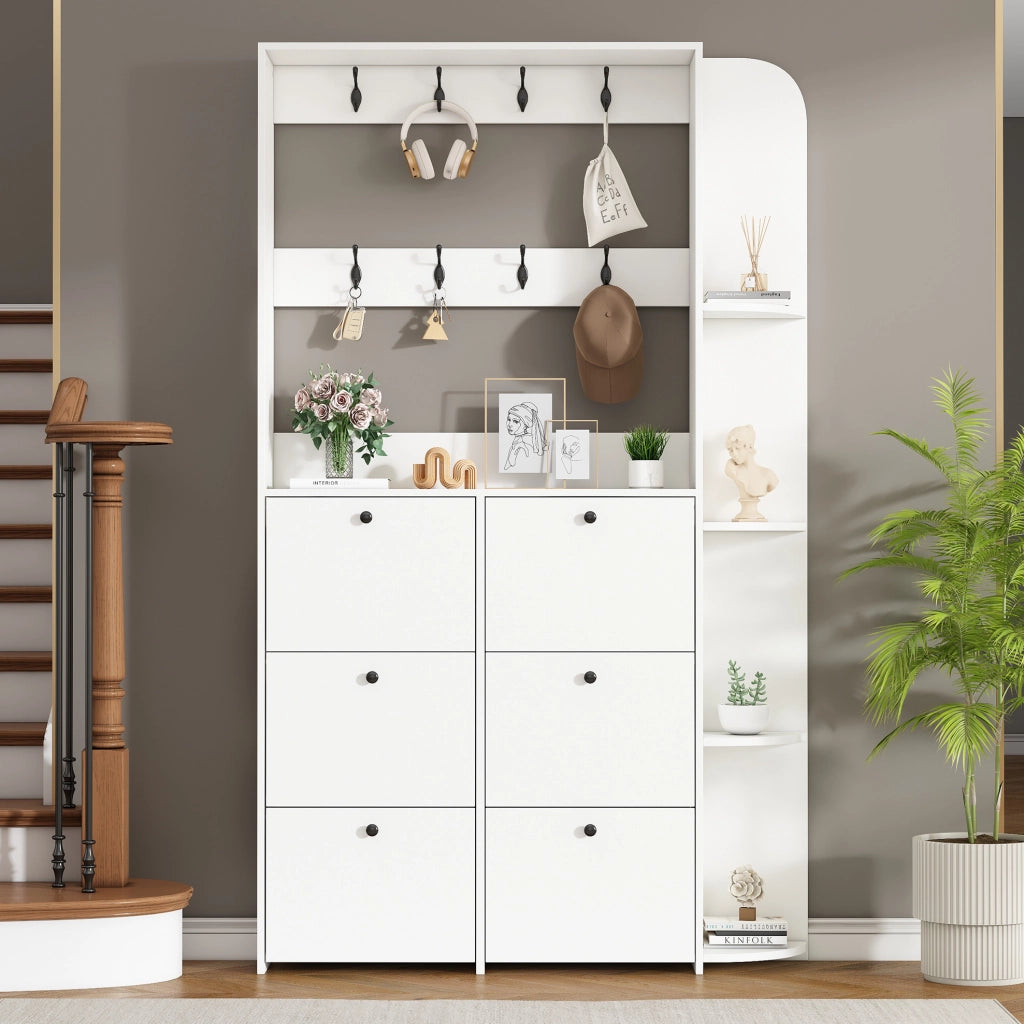 Garderoba ingresso con scarpiera ribaltabile; 8 ganci e 5 ripiani; 120 x 24 x 200 cm; bianco