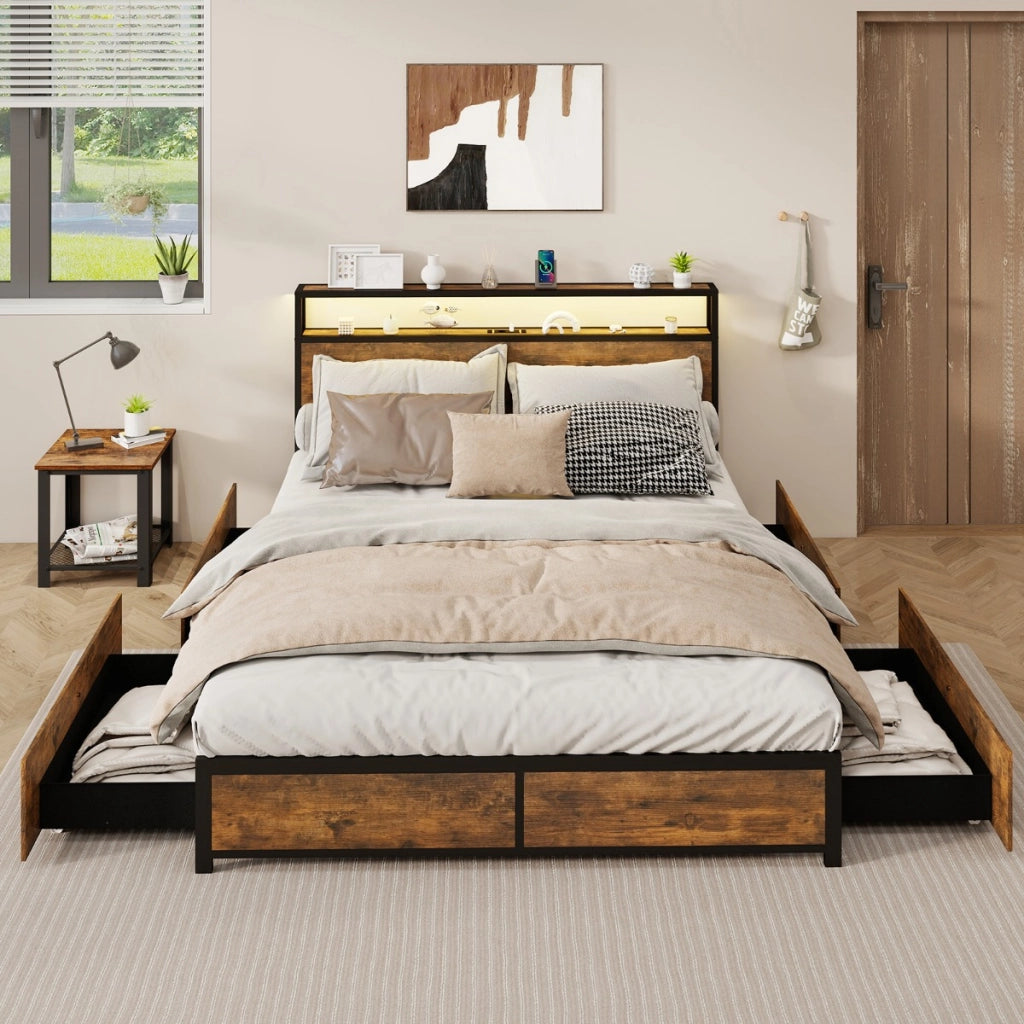Struttura letto king size con luci e set 2 comodini moderni-Letto piattaforma e tavolini industriali da divano