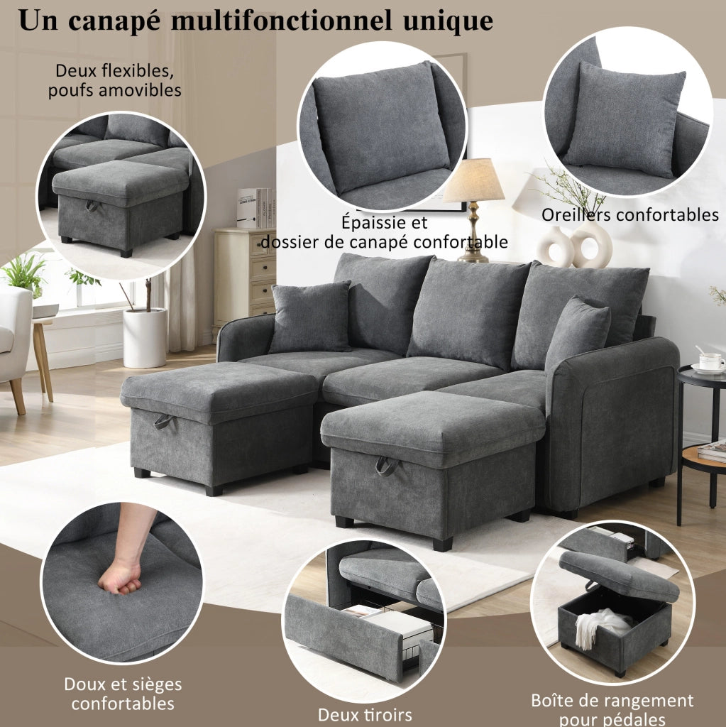 Divano angolare modulare 3 posti con 2 pouf contenitore 188x186x86 cm in chenille grigio scuro