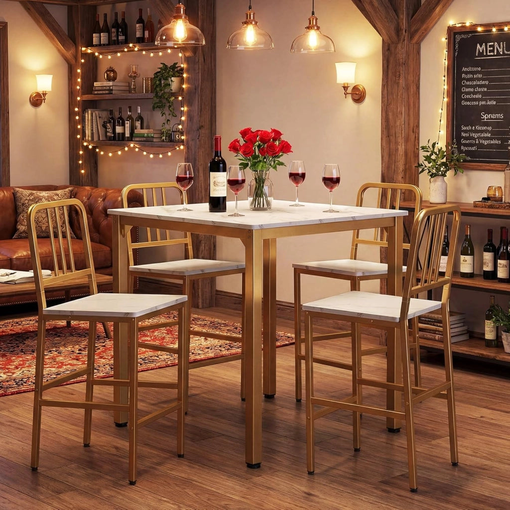 Set da Pranzo per 4 Persone, Set Cucina Bar 5 Pezzi con Superficie in Finto Marmo, Tavolo Quadrato in Legno e 4 Sgabelli Alti per Angolo Colazione e Sala da Pranzo (Bianco)