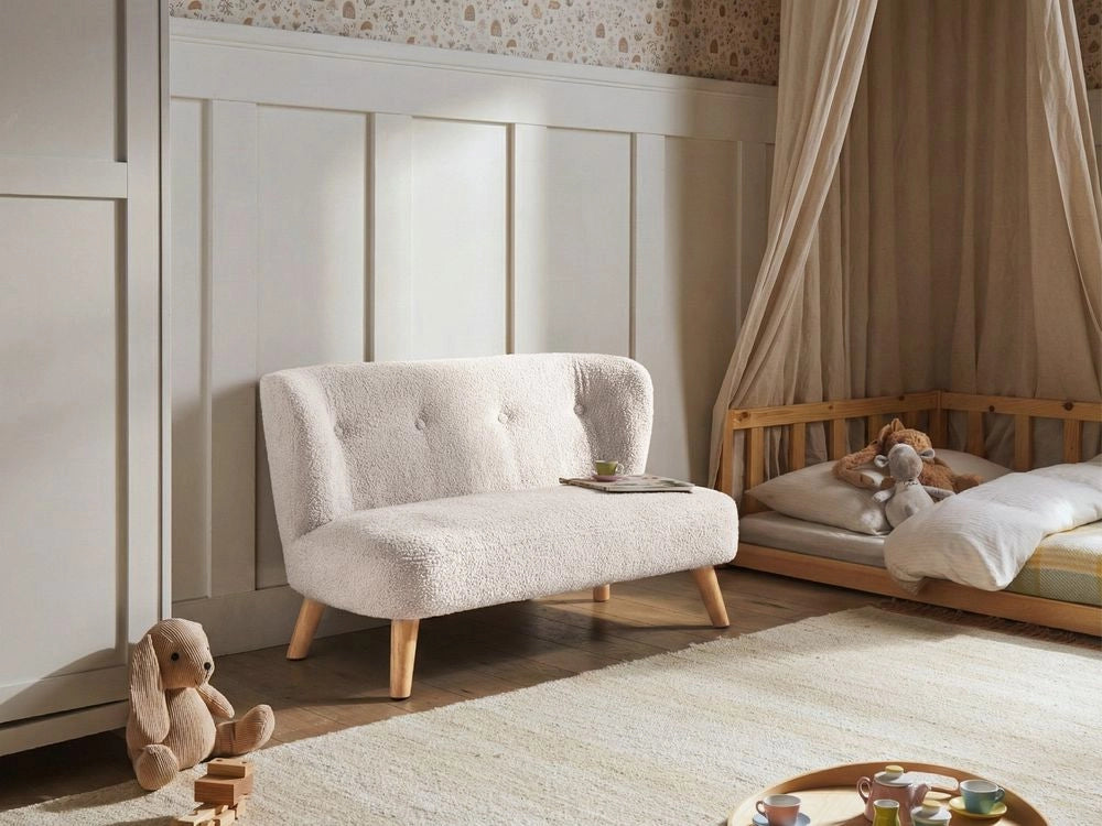 Divano per bambini beige imbottito in bouclé con braccioli, divano moderno per bambini