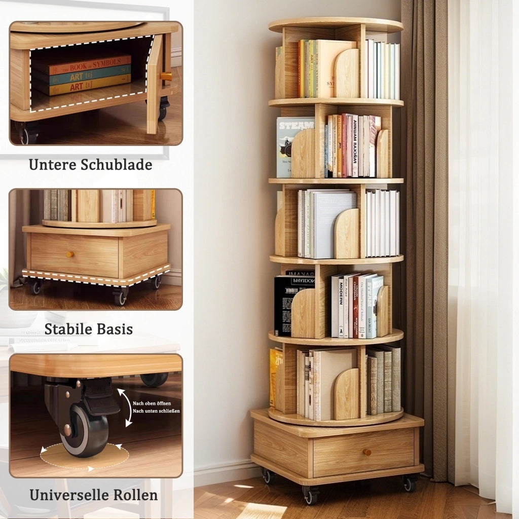 LIBRERIA Girevole 360° con cassetto e ruote 58x56x29 cm Colore legno MDF