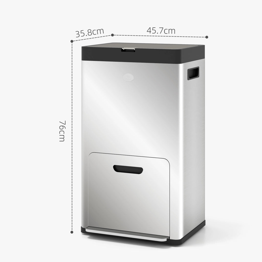 Bidone Immondizia a 3 Sezioni da 56L con Supporto per Deodorante, in Acciaio e PP, 45.7x35.8x76 cm, Argento