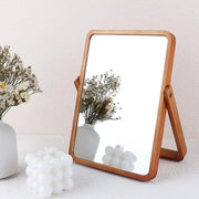 Specchio in legno per trucco, piccolo rettangolo arrotondato naturale con supporto regolabile per tavolo di trucco, decorazione estetica per ufficio