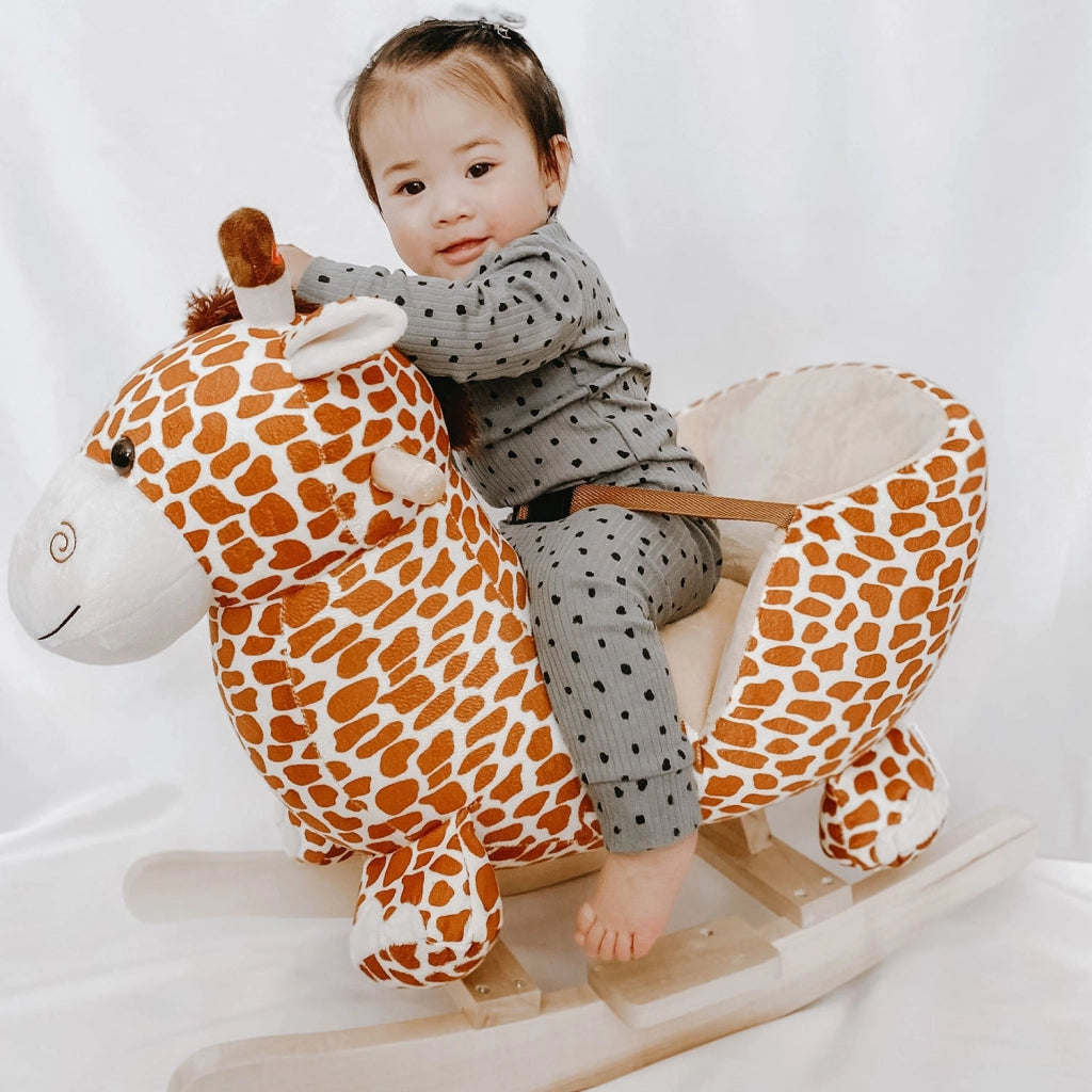 Dondolo per Bambini in Legno Giraffa in Peluche con Suoni