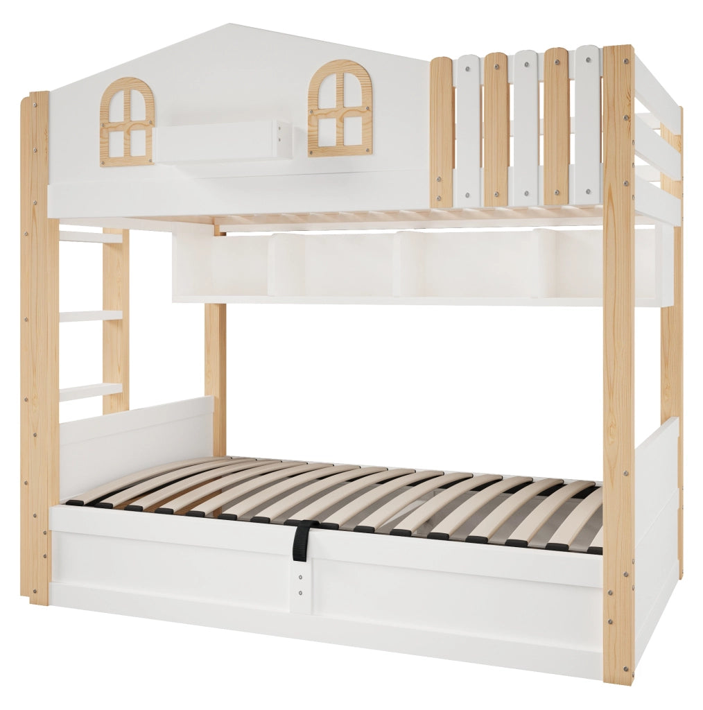 Letto a castello per bambini 90x200 cm a casetta; con contenitore idraulico; LED; bianco e naturale