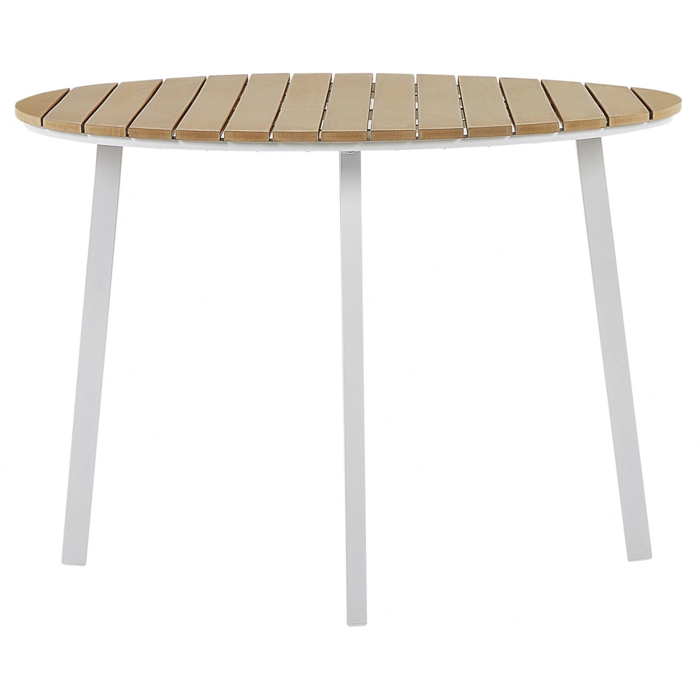 Set da pranzo all'aperto Tavolo rotondo a 4 posti in alluminio bianco da 105 cm Sedie a doghe con imbottiture per sedile beige