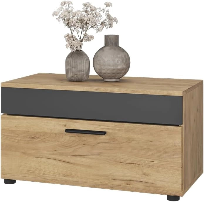 Mobiletto da soggiorno Berno, Quercia dorata/antracite, 70.8 x 38.9 cm con porta a battente, adatto per riporre libri e raccoglitori
