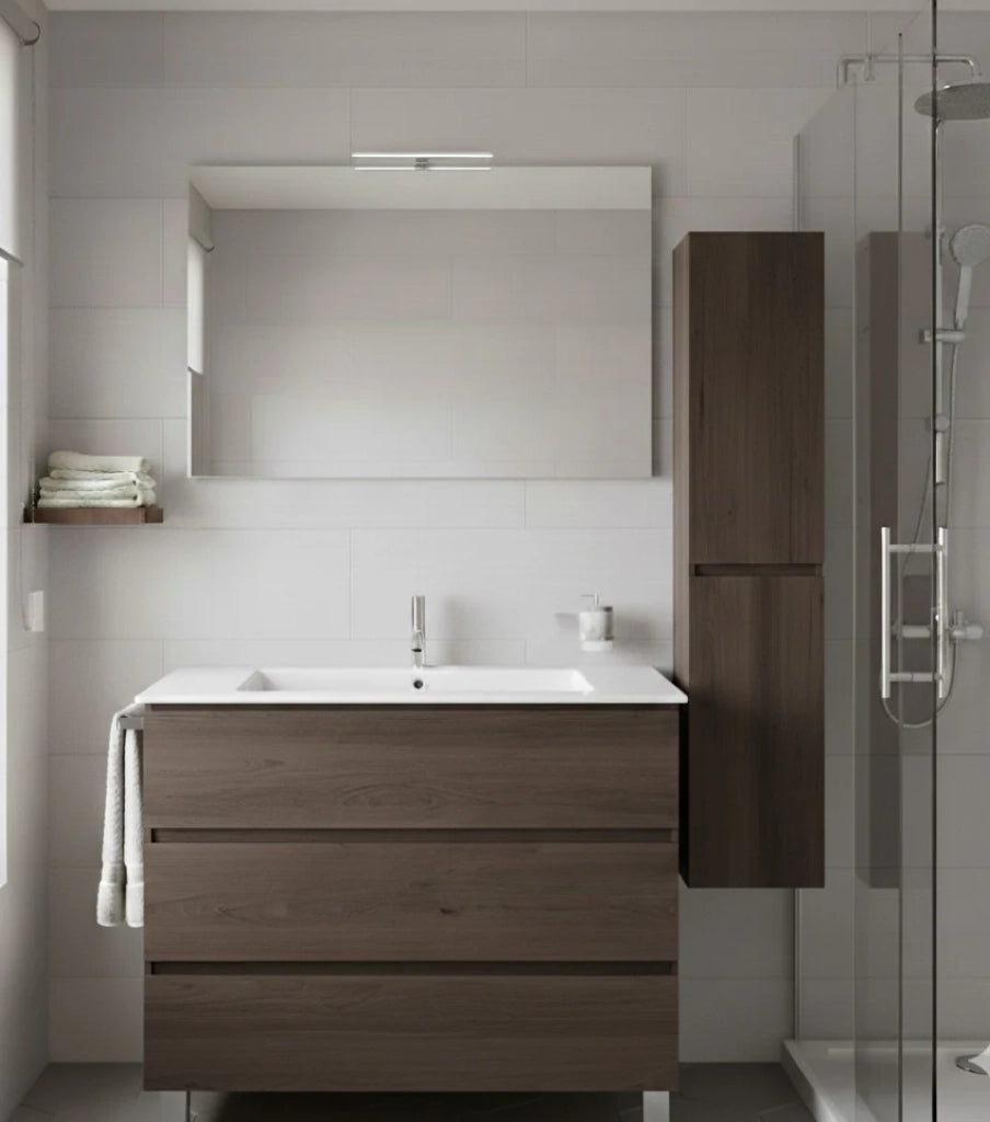 Mobile Bagno BALDER Già Montato 3 cassetti con piedini, lavabo e specchio Frassino tea 70x45 cm con colonna