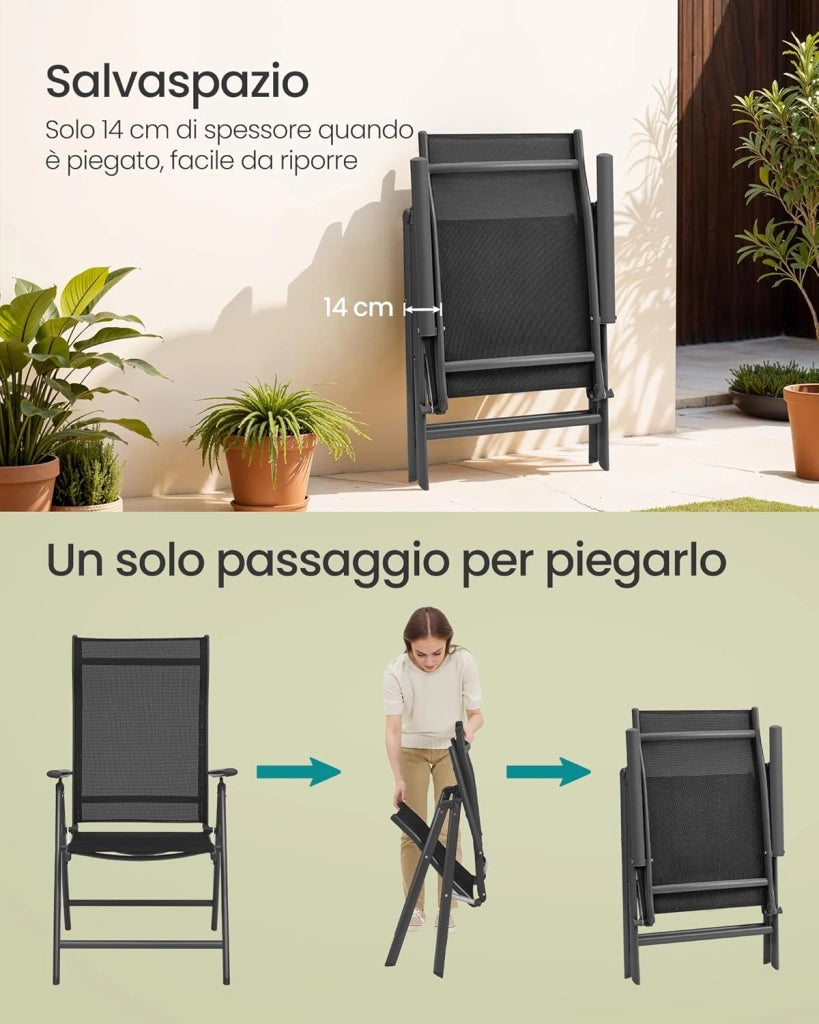 SONGMICS GCB30BK - Sedia da giardino, pieghevole, set da 4, con telaio in metallo, schienale regolabile in 8 posizioni, capacità di carico 150 kg, colore: nero