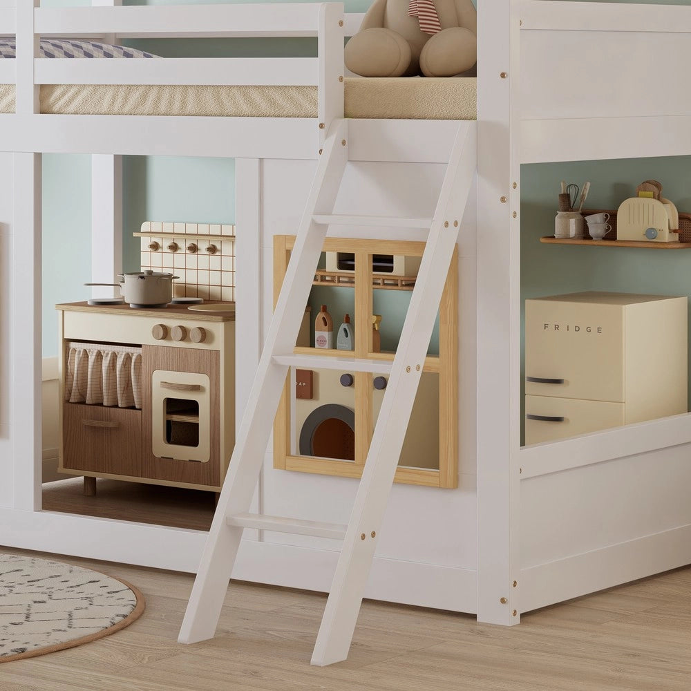 Letto a Castello per Bambini con Finestra e Scaletta ¨C MINIMAL ¨C Pino/MDF/Multistrato, Bianco, 90x200