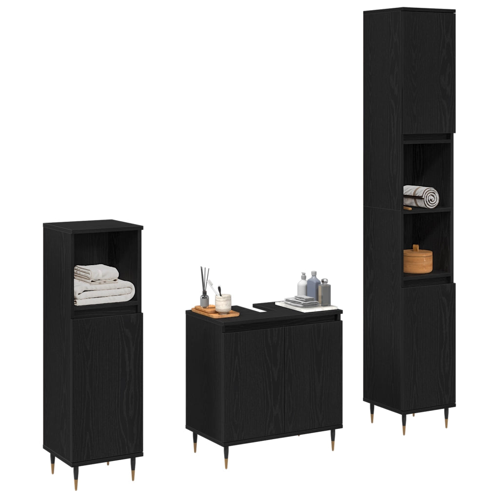 Set di Mobili per Bagno in 3 Pezzi Quercia Nera Legno Ingegnerizzato