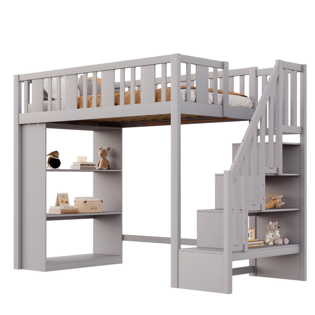 Letto a soppalco 90x200 cm con scala contenitore e 3 vani portaoggetti in legno grigio