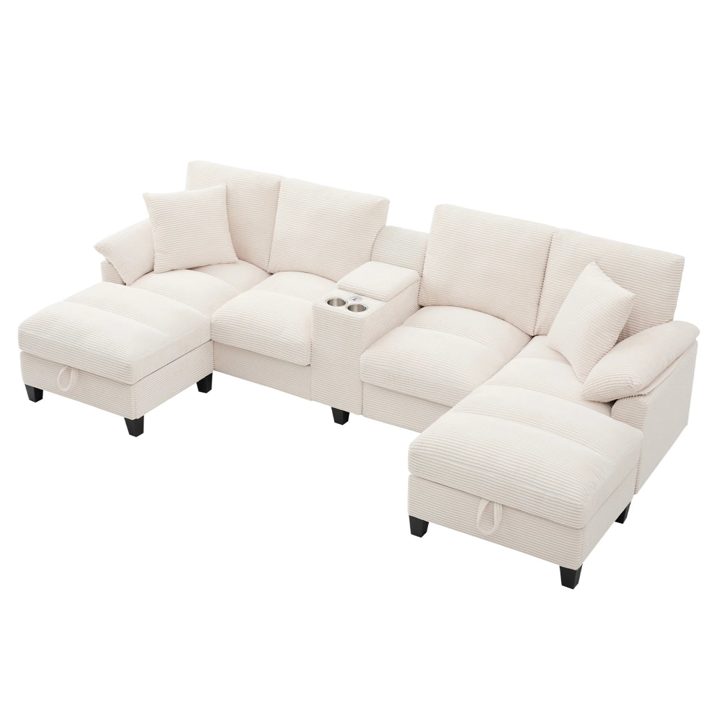 Divano modulare a U 4 posti in velluto a coste beige con USB