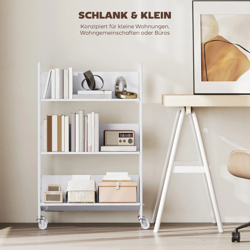 Libreria/scaffale contenitore a 3 ripiani con ruote, scaffale portagiochi per camera da letto, 69 x 26 x 108 cm, bianco