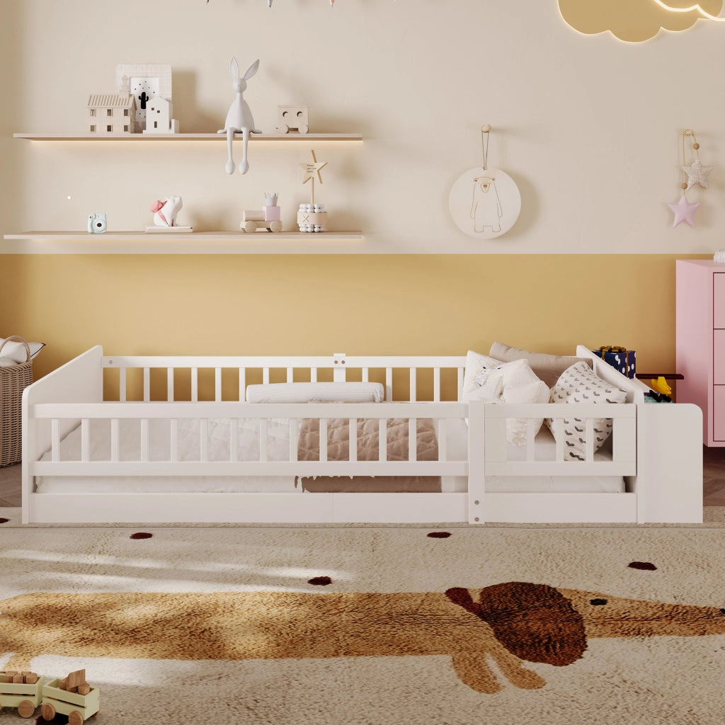 DESMIU Letto Bambino 90 × 200 cm 1 Posto con Vani Aperti, Ripiani e Sponda Apribile, Senza Materasso