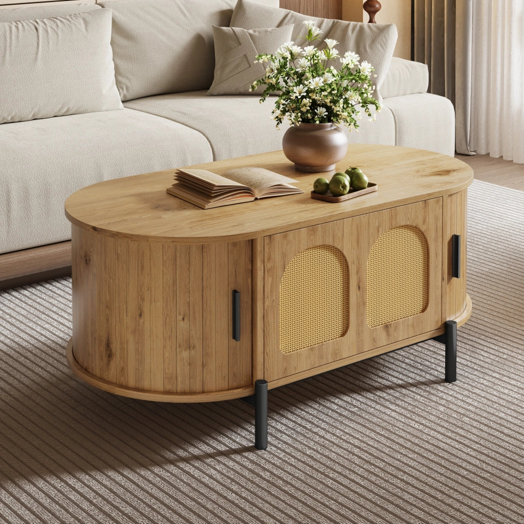 Tavolino da salotto ovale con 3 ante scorrevoli in rattan; vano contenitore; per soggiorno; MDF naturale 100 × 50 × 40 cm