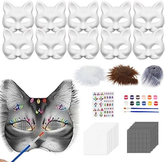 Kit per maschera DIY, maschera facciale bianca a mano, adatta per gatti e volpi, inclusa maschera occhi in peluche e pezzo di pelle, ideale per Halloween, carnevali, balli mascherati, feste e cosplay.