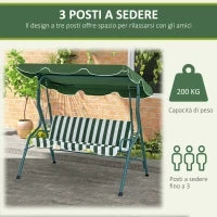 Dondolo 3 Posti con Tettuccio Regolabile e Cuscini, in Acciaio e Poliestere, 170x110x153 cm, Verde e Bianco