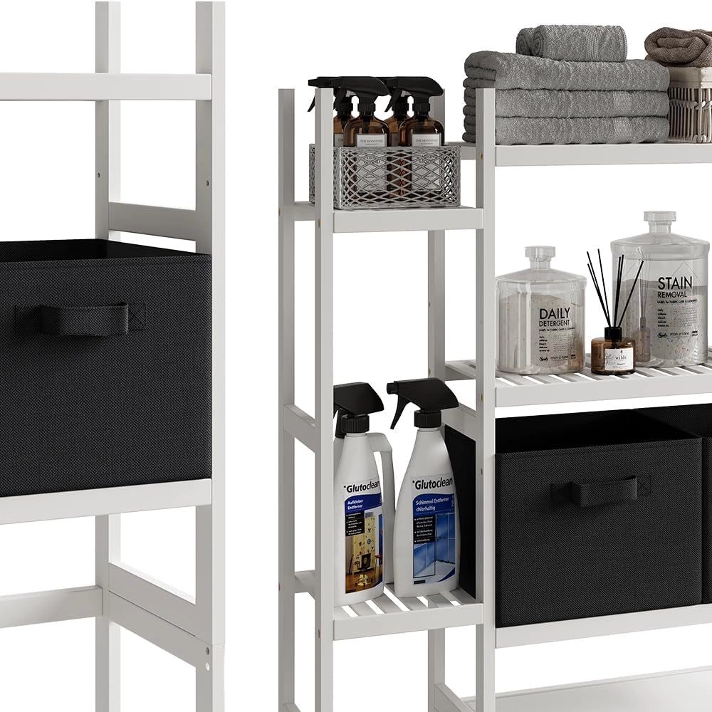 Mobiletto per lavatrice Bilbao, Bianco, 78.5 x 163 cm con 2 cassetti in pile, Ripiani aperti per detersivi, asciugamani e accessori