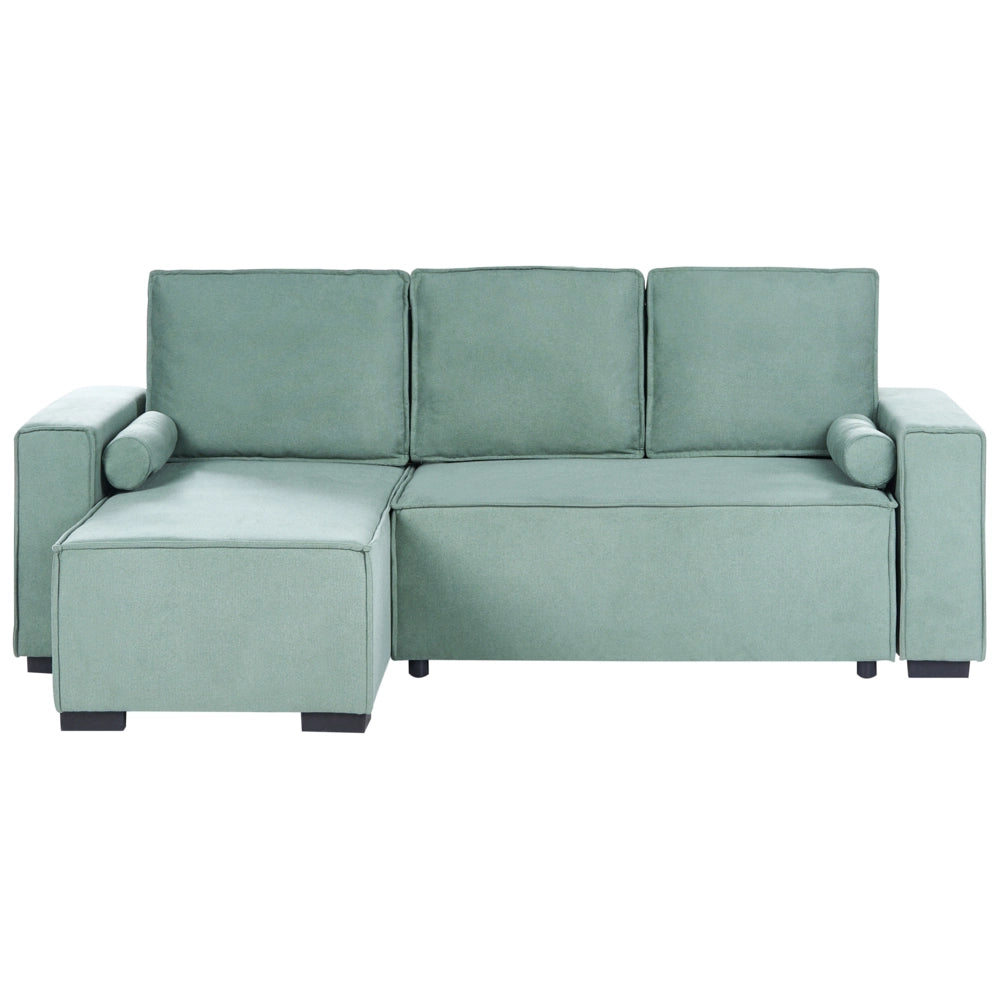 Divano letto angolare a 3 posti con rivestimento in tessuto verde chiaro, lato destro, con braccioli contenitore reversibili, stile moderno per soggiorno