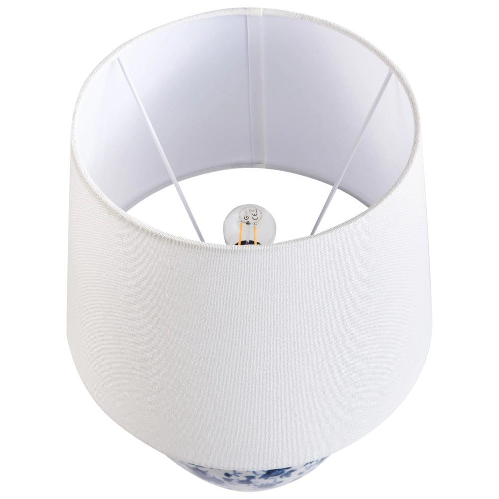Lampada da tavolo Base in porcellana bianca e blu Paralume a tamburo in lino con patten floreale Illuminazione elegante