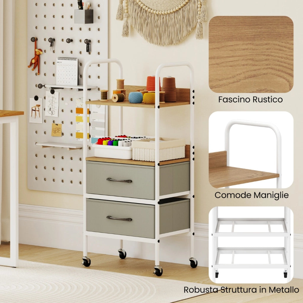 Carrello stoccaggio rotelle supporto 2 ripiani 2 cassetti tessuto, Carrello organizer trucco 4 ruote camera letto Legno naturale-Carrelli