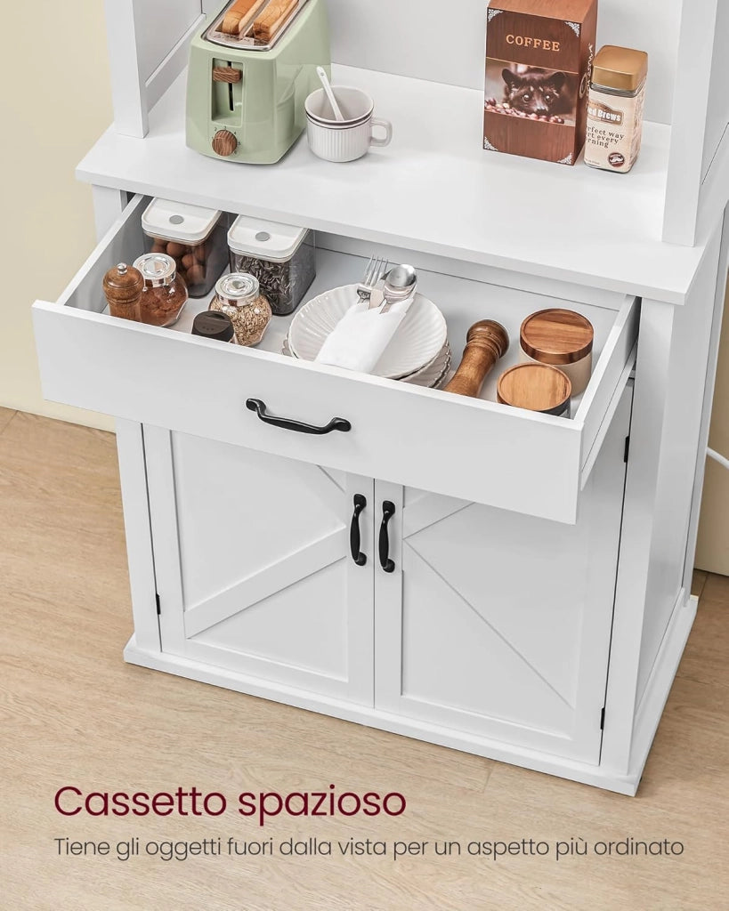 VASAGLE Credenza Cucina con Luce e Multipresa, Mobile Dispensa Cucina con Ante e Cassetto, 39,5 x 80,4 x 180,6 cm, con Ripiani Regolabili, Stile Farmhouse, Bianco Nuvola BBK363W21