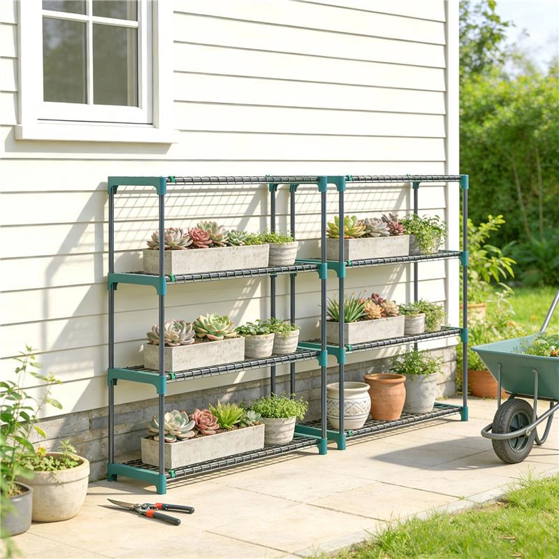 SET DI 2 SCAFFALI PER PIANTE A 4 LIVELLI IN ACCIAIO CON GANCI, 90X28X104 CM, VERDE